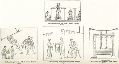 Wall painting from fuller’s house in Pompeii (three images) and clothes press from fuller’s house in Pompeii. Figure 7 shows four washermen in compartments. Each stands or kneels in a tub of water, th...