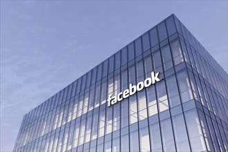 Menlo Park, California, USA. February 25, 2021. Editorial Use Only, 3D CGI. Facebook Signage Logo on Top of Glass Building. Workplace Social Networkin