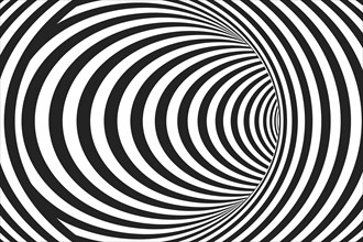 Abstract black and white concentric lines that makes a striped tunnel.  Optical Illusion effect. Modern vector background. Hypnotic line art.