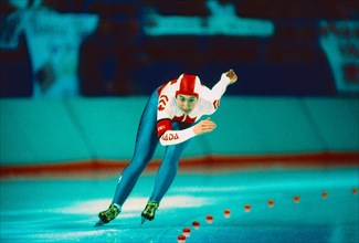 Marie-Pierre Lamarche (CAN) competing in the Women's 1000m speed skating at the 1988 Olympic Winter Games