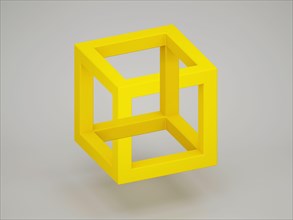 Popular optical illusion with paradoxical yellow cube over light gray background. 3d rendering illustration