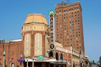 Aurora, Illinois - United States - July 27th, 2021:  The historic Paramount Theatre, opened in 1931, on a beautiful Summer morning.