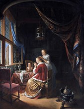 A Young Woman at her Toilet by Gerrit Dou (1613-1675), oil on panel, 1667