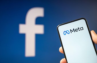 Cracow, Poland - October 29, 2021:  Mark Zuckerberg announced facebook logo change to meta and creates metaversum that integrates services.