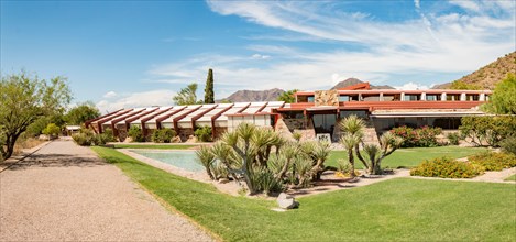 wide angle panorama of Taliesin West architect Frank Lloyd Wright's winter home and school in the desert in Scottsdale Arizona