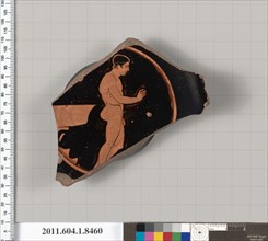 Terracotta fragment of a stemless kylix (drinking cup) 460–450 B.C. Greek, Attic Interior, filleted youth to right, holding a fillet in his right hand; behind him, a laver, on two steps; Exterior, sta...