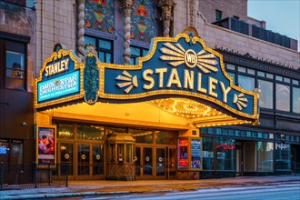 Utica, New York - Close-up Night View of The Stanley Theatre. It is a Baroque-style theater built in 1928.
