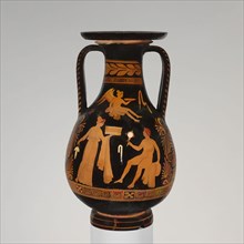 Art inspired by Terracotta pelike (jar), Hellenistic, ca. 330–310 B.C., Greek, South Italian, Apulian, Terracotta; red-figure, H. 19 5/8 in. (49.8 cm), Vases, Obverse, woman seated between youth and w...