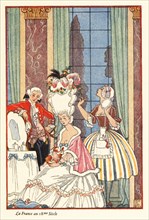 A noble woman at her toilette in the era of Marie Antoinette, 18th century France. A hairdresser with a powder puff fixes the woman's huge pouffe hair-do. The woman sits holding a lap dog. La France a...