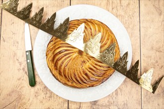 top view of a galette des rois with a crown