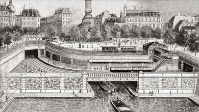 Construction of the Paris metro. State of the works of the Bastille station on August 1, 1899. France, Europe. Old 19th century engraved illustration from La Nature 1899