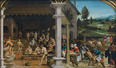 Bathing and slaughter scenes depicted in the painting 'Two Panels from a Series of Rural Scenes' by German Renaissance painter Hans Wertinger (1516-1525) on dis?l?? in the G?rm?nis?h? N?ti?n?lmus?um (...