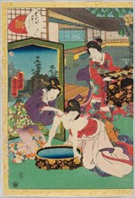 Toilet, print title: “Aoi", from the series: “Murasaki Shikibu Genji karuta" (Cards from Genji Murasaki Shikibu). Utagawa, Kunisada II (1823-1880), graphic artist