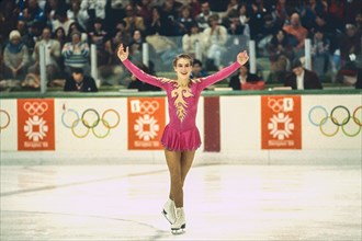 Katarina Witt (GDR) Gold medalist and Olympic Champion competing in the Ladies Figure Skating Free Skate at the 1984 Olympic Winter Games.