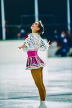 Katarina Witt (GDR) Gold medalist and Olympic Champion competing in the Ladies Figure Skating Short Program at the 1984 Olympic Winter Games.