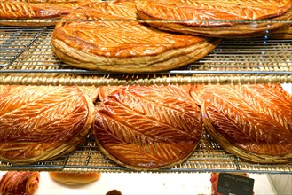 Illustration picture shows king cake or epiphany cake ("galette des rois") in a bakery in Levallois-Perret near Paris, France on January 6, 2023. Photo by Victor Joly/ABACAPRESS.COM