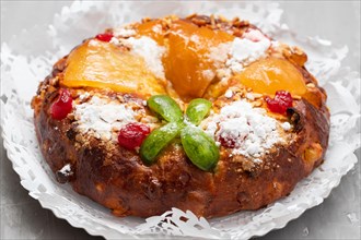 Bolo do Rei or King's Cake, Made for Christmas, typical Portuguese Christmas cake with dry fruits