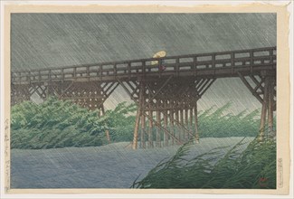 Kawase Hasui, Evening Shower at Imai Bridge, 1932, color woodblock print.