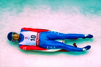 Cammy Myler (USA) during Women's singles luge competition at the 1992 Olympic Winter Games