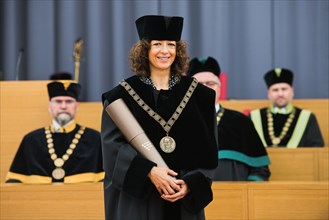 Brno, Czech Republic. 13th Sep, 2023. French Nobelist Emmanuelle Charpentier, co-author of "genetic scissors", receives an honorary doctorate from Mendel University Brno, on September 13, 2023, in Brn...