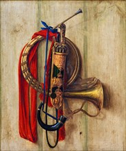 Trompe l'oeil with Christian V's equipment for parforce hunting by Cornelis Norbertus Gysbrechts  More:   Original public domain