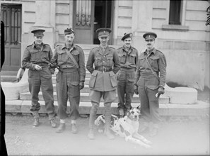 British Generals 1939-1945 General Sir Miles Dempsey (1896 - 1969): Dempsey, OC 13th Infantry Brigade and his staff, with their mascot 'Tiny' at Wervicq, France.