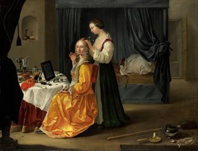 Lady at Her Toilet, c. 1650-1660, Unknown Dutch, 17th century, 53 1/4 x 69 1/2 in. (135.26 x 176.53 cm) (canvas)61 1/2 x 78 1/2 x 5 3/4 in. (156.21 x 199.39 x 14.61 cm) (outer frame), Oil on canvas, N...