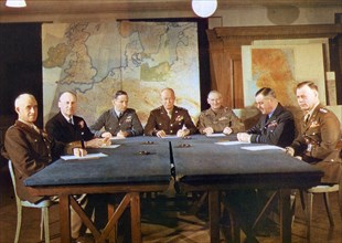 ALLIED COMMANDERS AT SHAEF HQ, London, in May 1944 to finalise details for Operation Overlord - the invasion of France in June. From left: General Omar Bradley, Commander of US land forces, Admiral Be...