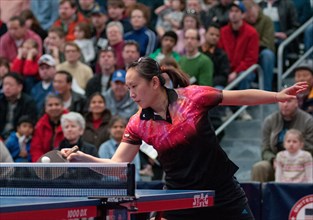 Jun Gao,  who won a silver medal for China at the 1992 Barcelona Olympic Games, earned a spot for the U.S. team at the U.S. Olympic table tennis trials in Cary, N.C., Feb. 12, 2012. Gao and three othe...