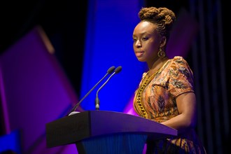 Chimamanda Ngozi Adichie, Nigerian author giving The Commonwealth Lecture at The Telegraph Hay Festival 2012, Hay-on-Wye, Powys, Wales, UK