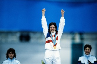 Bonnie Blair USA gold medal winner in the 500m at the 1988 Olympic Winter Games