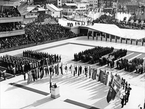 Jan. 26, 1956 - Cortina d'Ampezzo, Italy - Inauguration of the 7th Olympics Winter Games at Cortina d'Ampezzo, Italy in 1956. PICTURED: The National team of the Soviet Union enters the stadium.  (Cred...