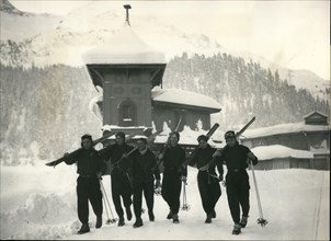 Jan. 01, 1948 - Olympic Games Open At St. Moritz. Keystone Photo Shows:- The Canadian ski-team at St. Moritz. L to R:- Hector Sutherland, Harvey Clifford, Emile Allais, (trainer) Bill Irwin, and Louis...