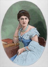 Juliette Adam (Juliette Lambert), (1836-1936). French writer and feminist. Engraving by A. Carretero. Colored.