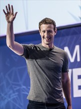 Barcelona, Spain. 22nd February, 2016. MARK ZUCKERBERG, Founder and CEO of Facebook, enters the stage for a keynote during the first day of the annual Mobile World Congress, one of the most important ...