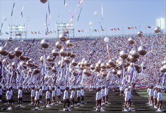 On-field festivities during Opening Ceremonies at L.A. Memorial Coliseum during 1984 Olympic Games in Los Angeles.