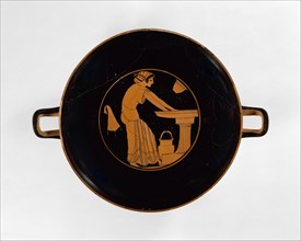 Terracotta kylix (drinking cup), Archaic, ca. 500 B.C., Greek, Attic, Terracotta; red-figure, H. 4 7/16 in. (11.2 cm), Vases