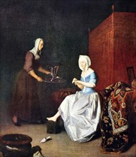 Painting titled 'A Lady at her Toilet' by Jacob Ochtervelt (1634-1682) a Dutch Golden Age painter. Dated 17th Century