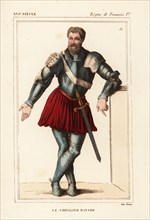 Le Chevalier Bayard, Pierre Terrail, French knight 1473-1524. He wears a suit of armour with red tonlet and sword. Handcoloured lithograph after an ancient portrait held by the Terrail family from Le ...