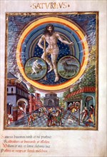 Saturn personified as ruler over Capricorn and Aquarius, with the children of Saturn. From the 'De Sphaera' in Bib. Estensa, Modena. Medieval manuscript depicting the astrological god of Saturn, in th...