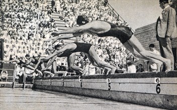 Photograph of the 400 meter men's freestyle swimming event at the 1932 Olympic games. Won by Clarence Linden Crabbe II (1908 - 1983) from the USA.