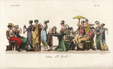 Ancient Greek women at their toilet: washing hair in a font, trying on clothes, arranging hair, admiring a necklace, etc, Handcoloured copperplate engraving by Sasso after a painting by Pelagio Palagi...