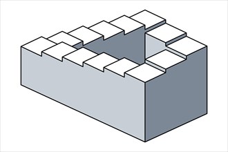 Penrose stairs, impossible staircase, optical illusion. Also Penrose steps. Impossible object. Staircase, forming a continuous loop.