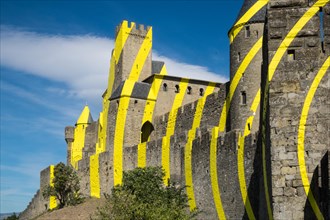 Yellow,art,Eccentric concentric circles,Carcassonne,Carcassone,Castle,Fort,Ramparts,Aude,province,region,South of France,France,French,Europe,European