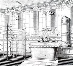 An engraving depicting a bathroom fitted with a cold shower (left), a geyser by the bath and a hot and cold shower over the bath. Dated 19th century