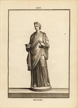 Hygieia, Greek and Roman goddess of health and cleanliness, daughter of the god of medicine Asclepius. Copperplate engraving by Francois-Anne David from Museum de Florence, ou Collection des Pierres G...