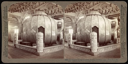 Stereograph image of the biggest teapot on earth, holding a million cups of tea. Pure Food Exhibit, Jamestown, Virginia, 1907.