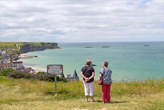 The View From the Cliffs Above Arromanches-les-Bains over Gold Beach and the Remains of the Mulberry Harbour, Normandy, France, Europe