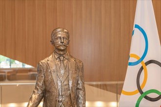 Lausanne, Switzerland. 02nd Oct, 2019. The statue of Pierre de Coubertin who is in the lobby of the new Olympic House. (Photo by Eric Dubost/Pacific Press) Credit: Pacific Press Agency/Alamy Live News
