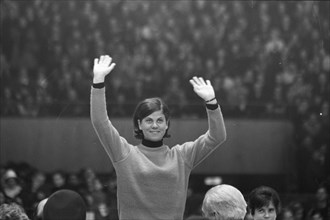 Winter Olympics in Grenoble. The honorary stage for the medal winners in the skating for women over 3000 meters. Gold medalist Ans Schut. Date: February 12, 1968 Location: Grenoble Keywords: skating, ...